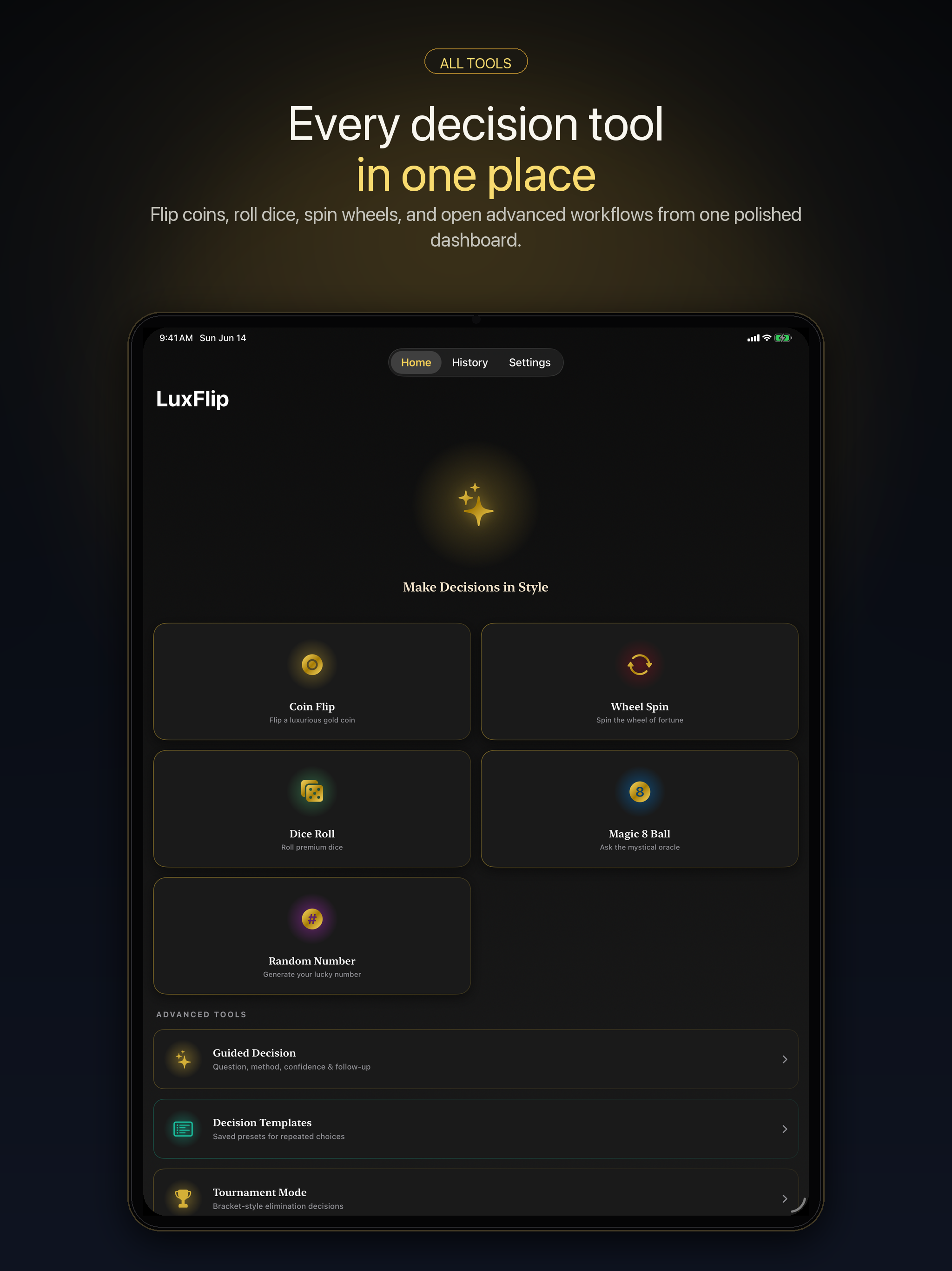LuxFlip home screen on iPad