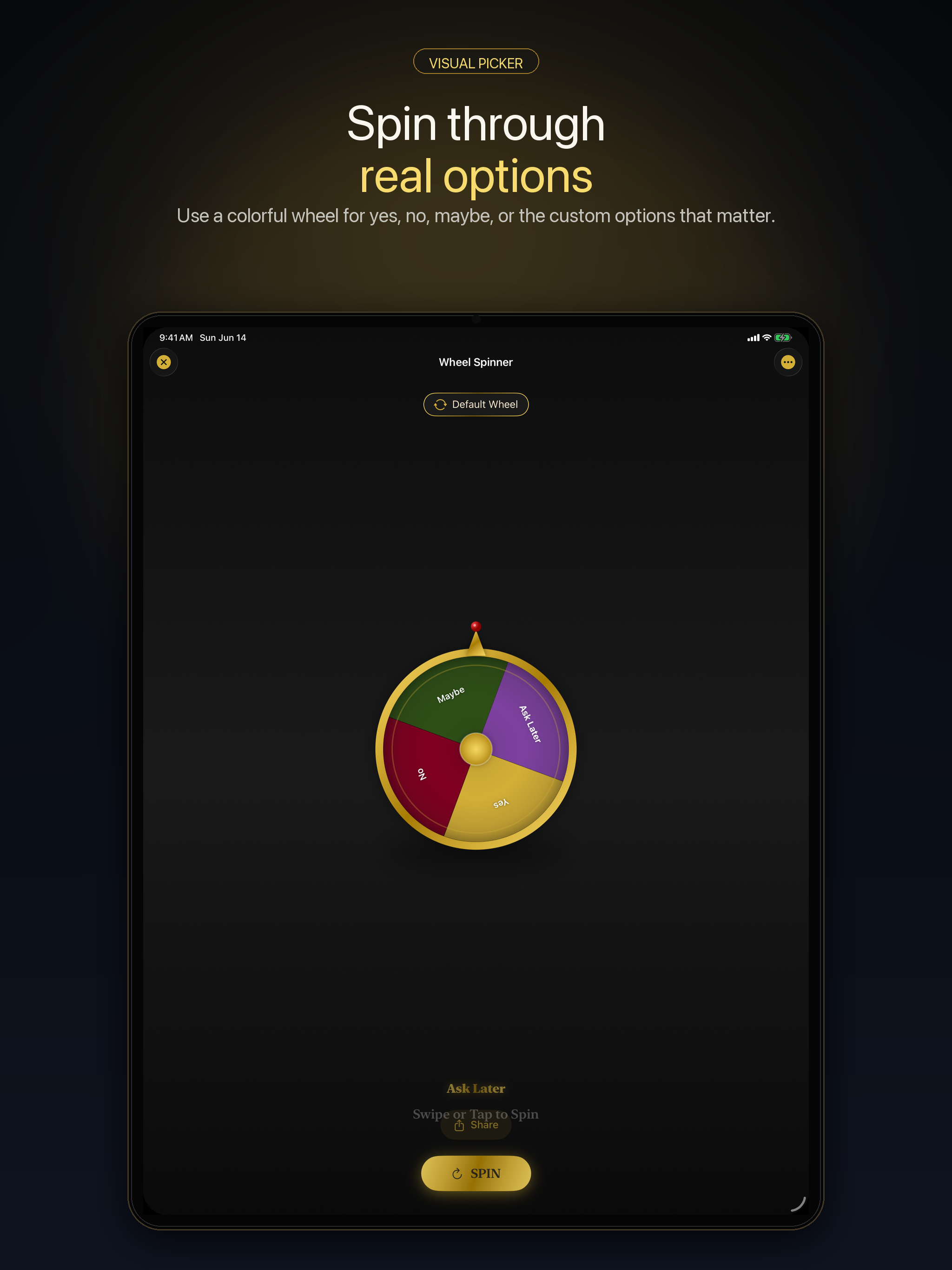 LuxFlip wheel spinner screen on iPad