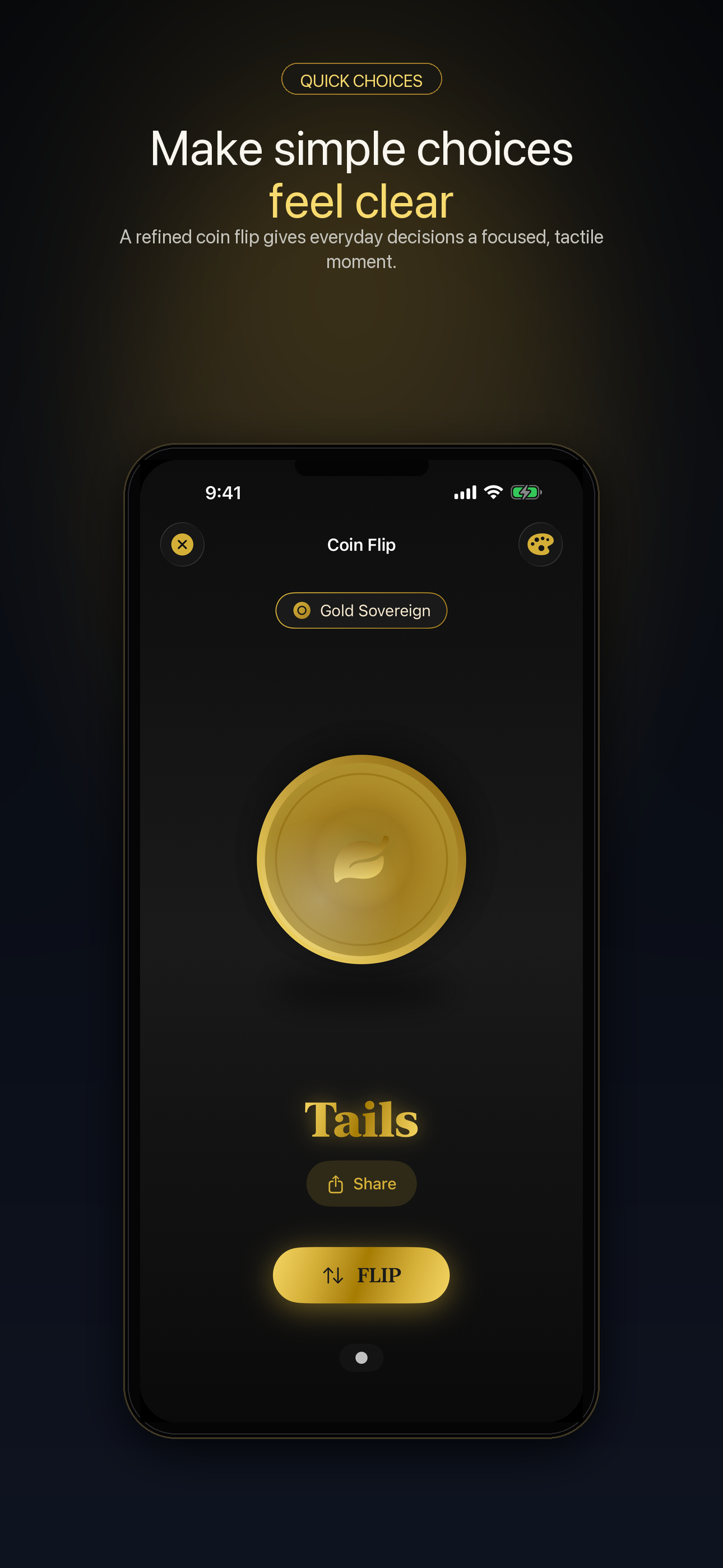 LuxFlip coin flip screen on iPhone