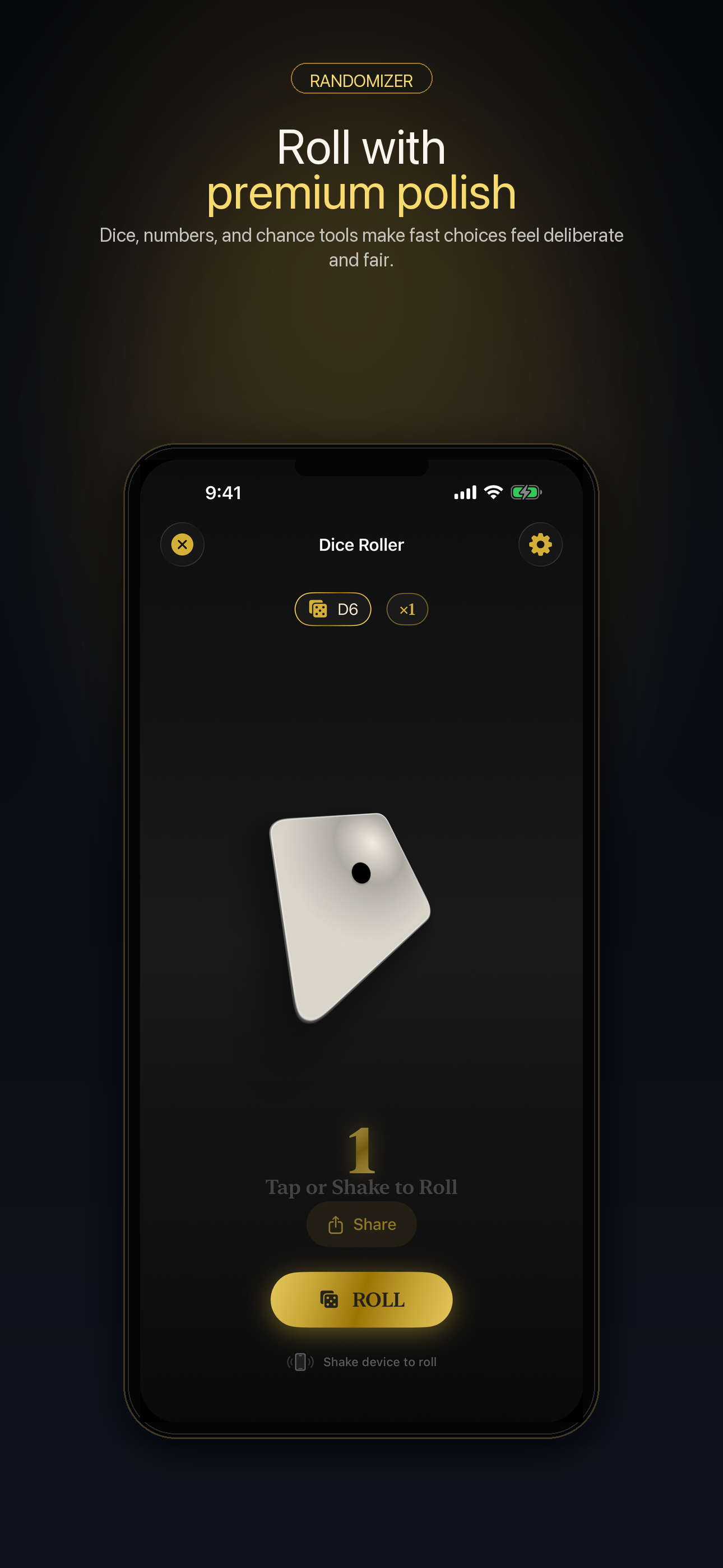 LuxFlip dice roller screen on iPhone
