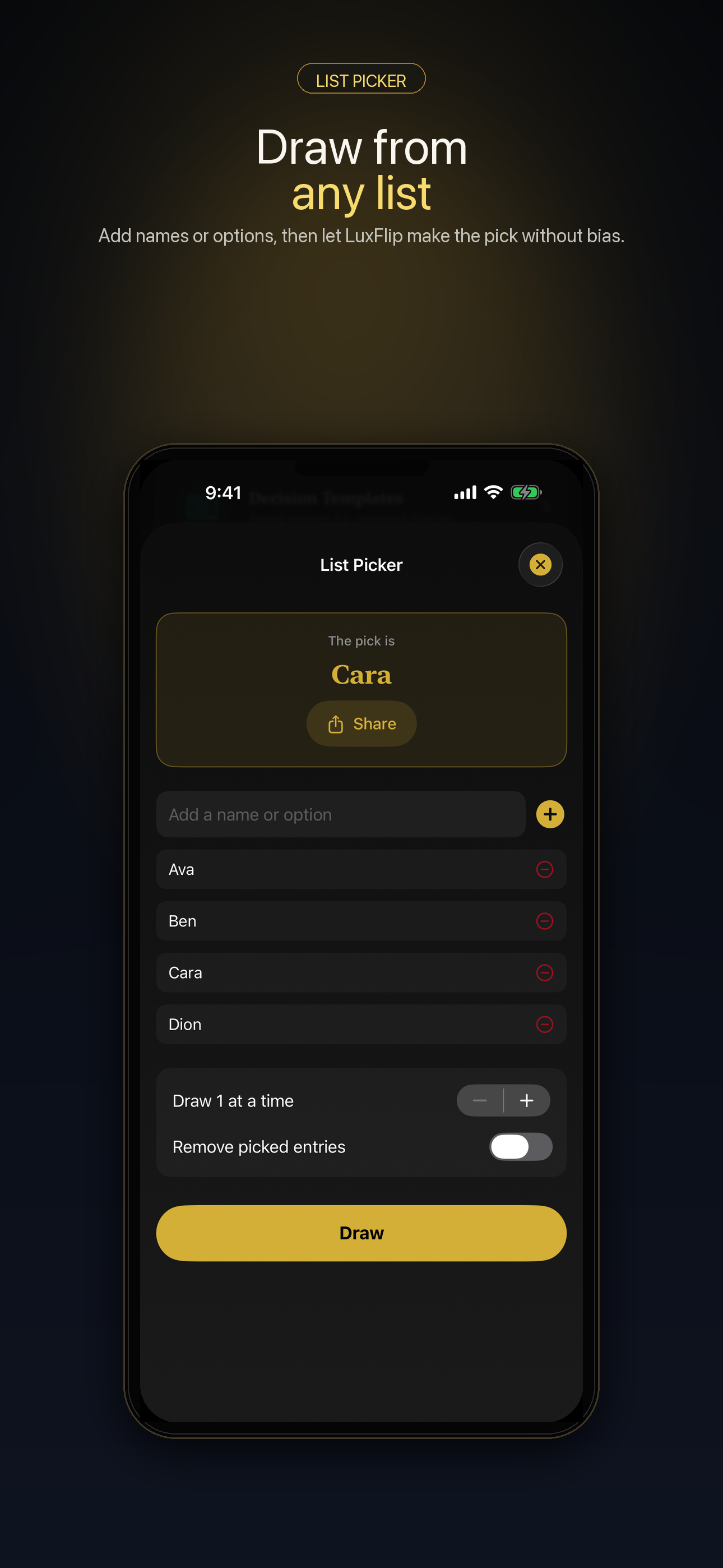 LuxFlip list picker screen on iPhone