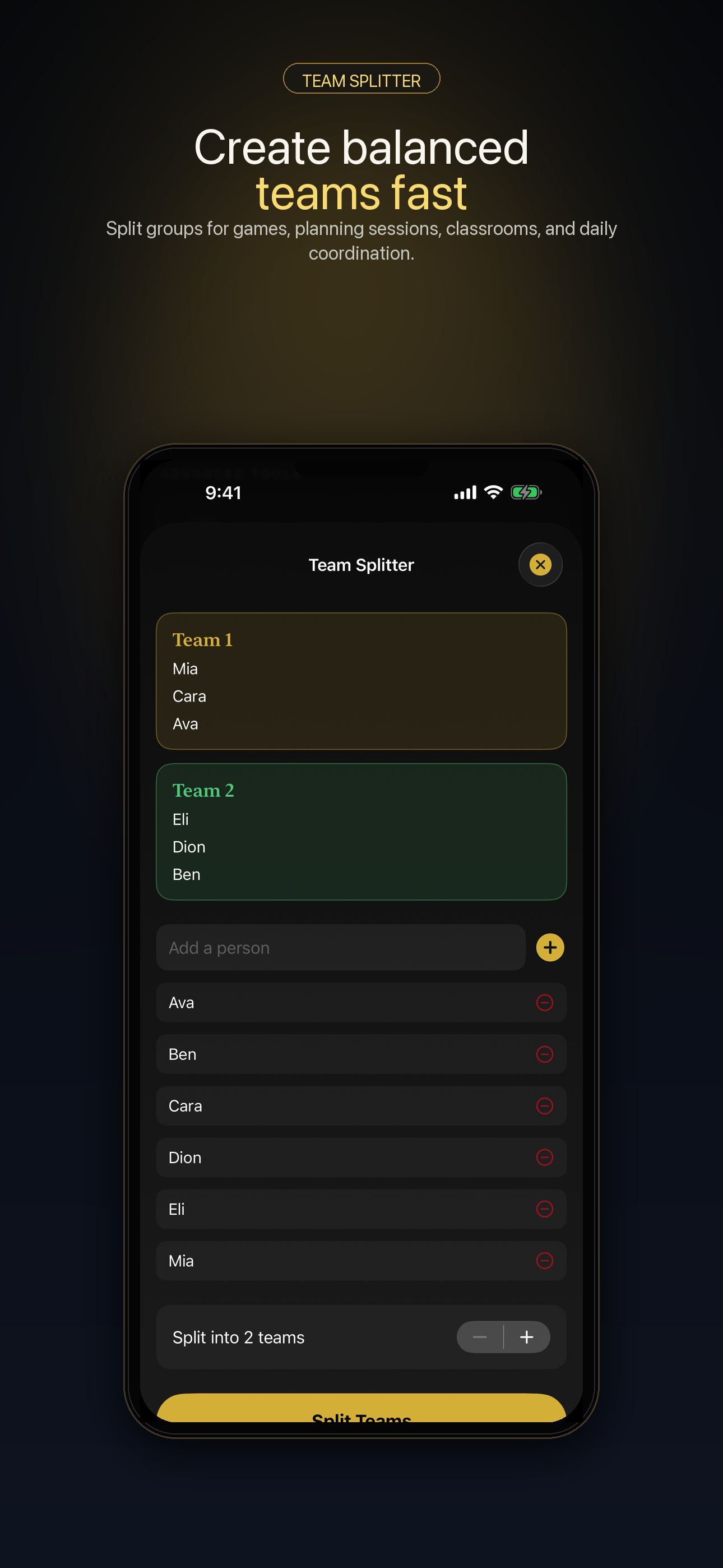 LuxFlip team splitter screen on iPhone