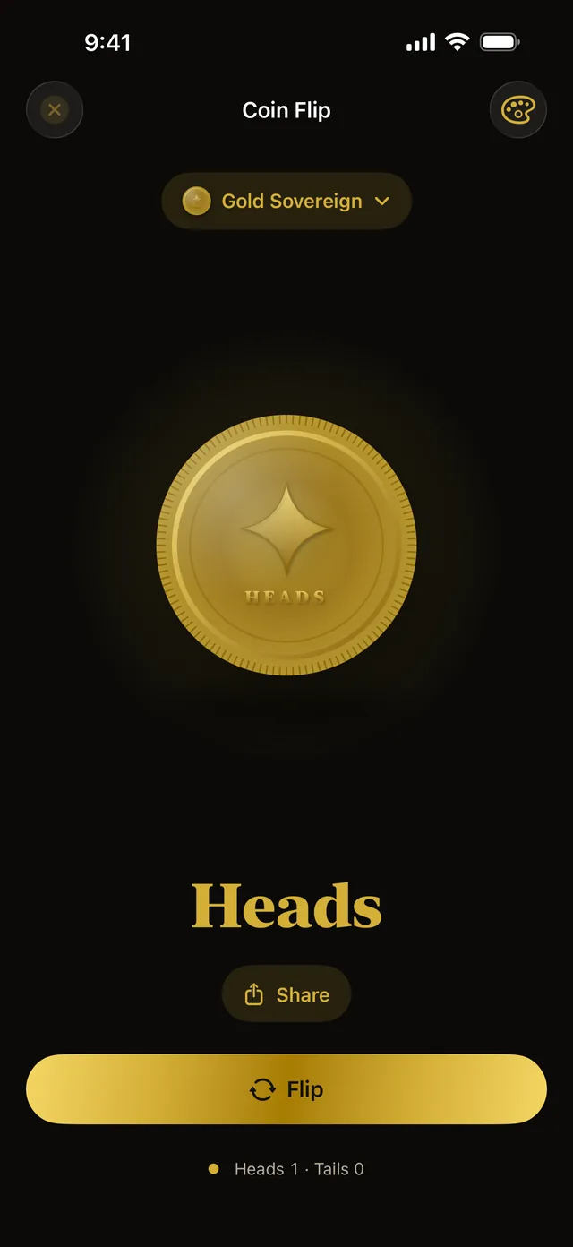 Coin Flip screen showing the Gold Sovereign coin and the result Heads.