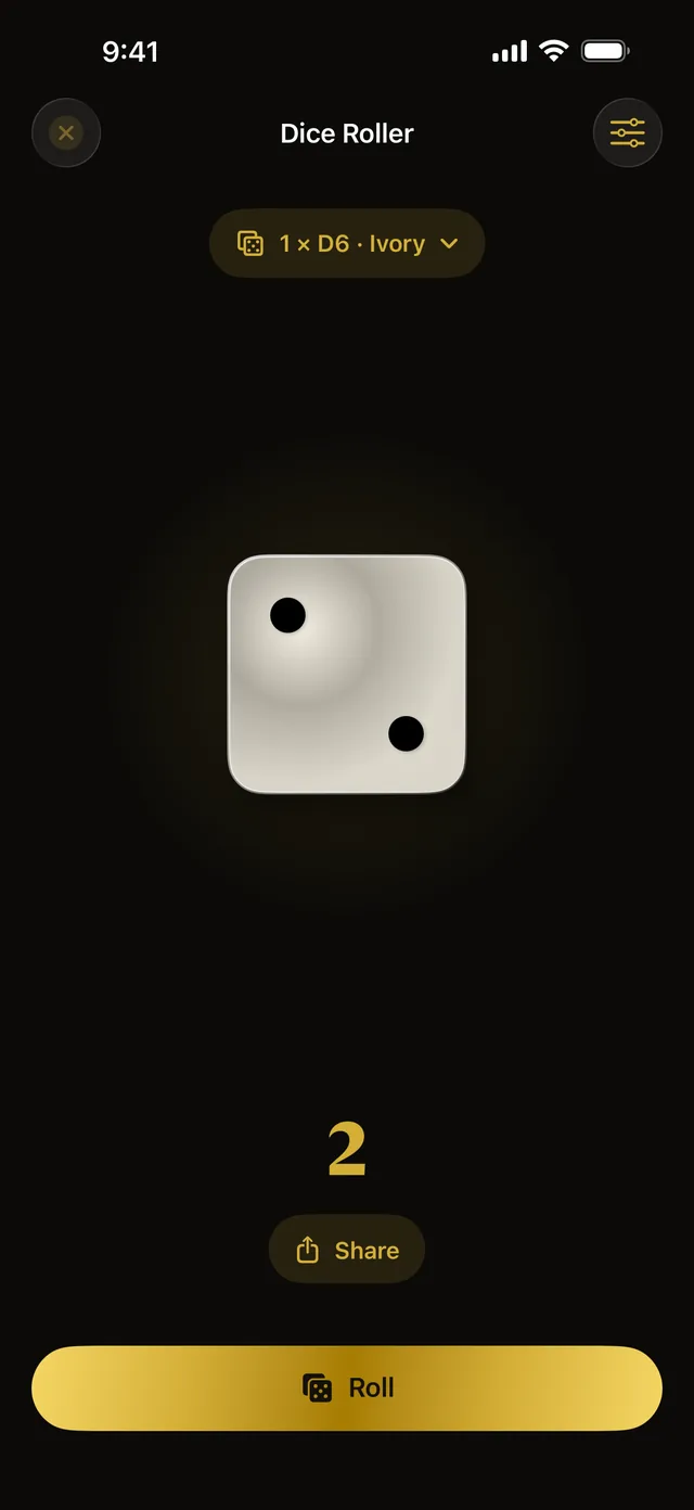 Dice Roller showing a six-sided die that rolled a 2.