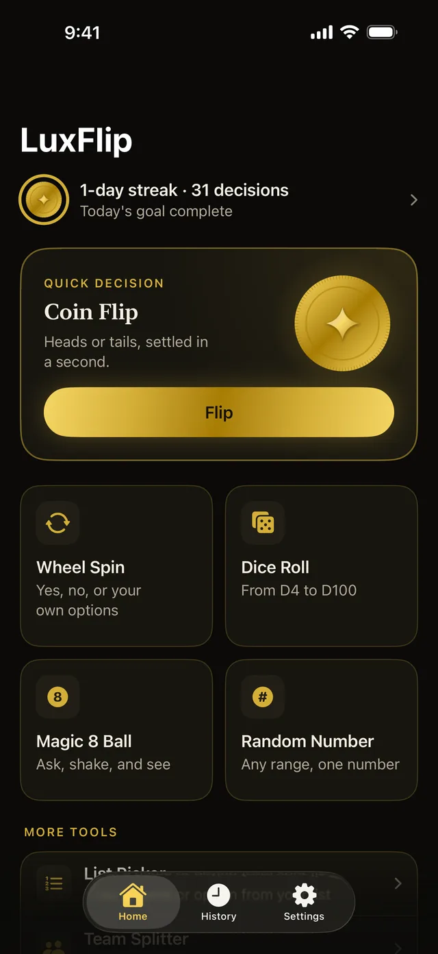 LuxFlip home screen with Coin Flip, Wheel Spin, Dice Roll and Magic 8 Ball tiles.