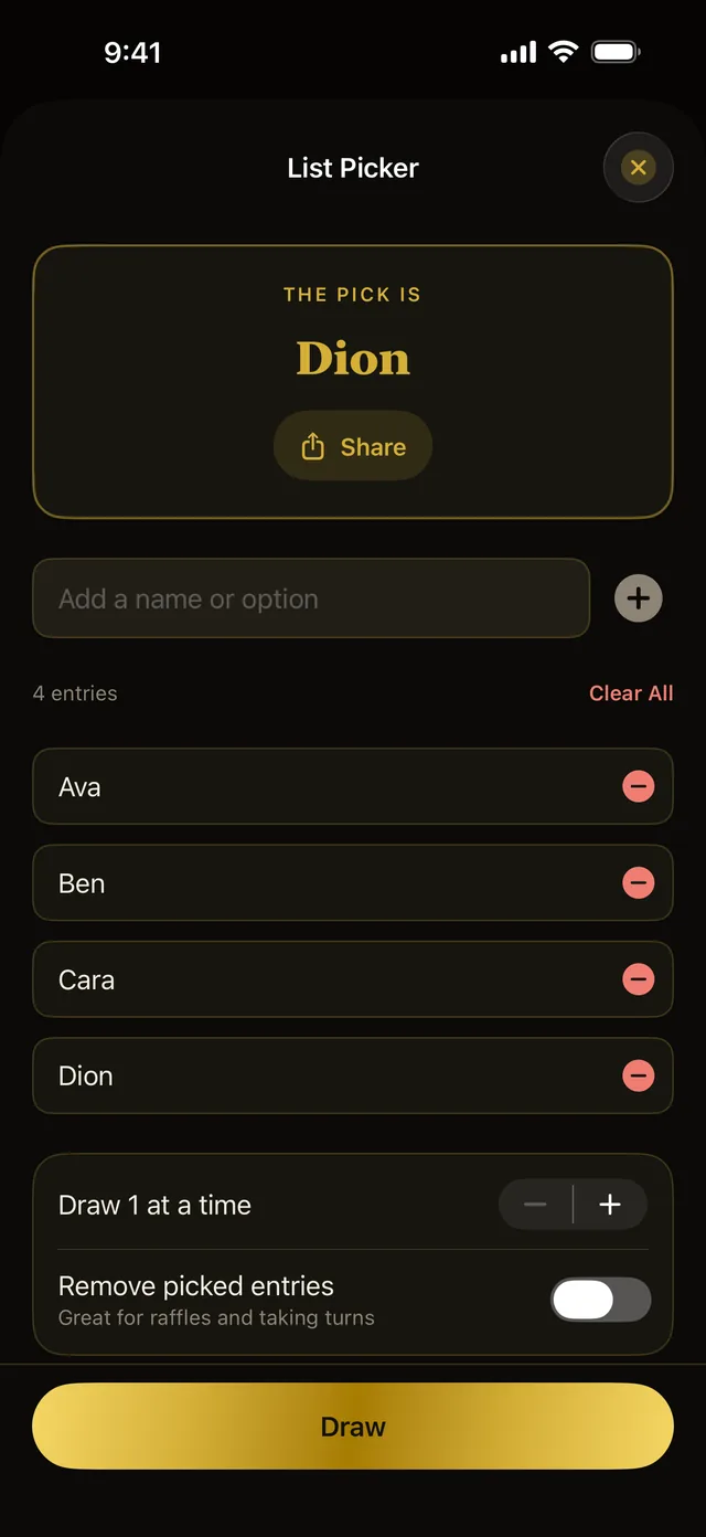 List Picker showing the pick Dion drawn from a list of names.