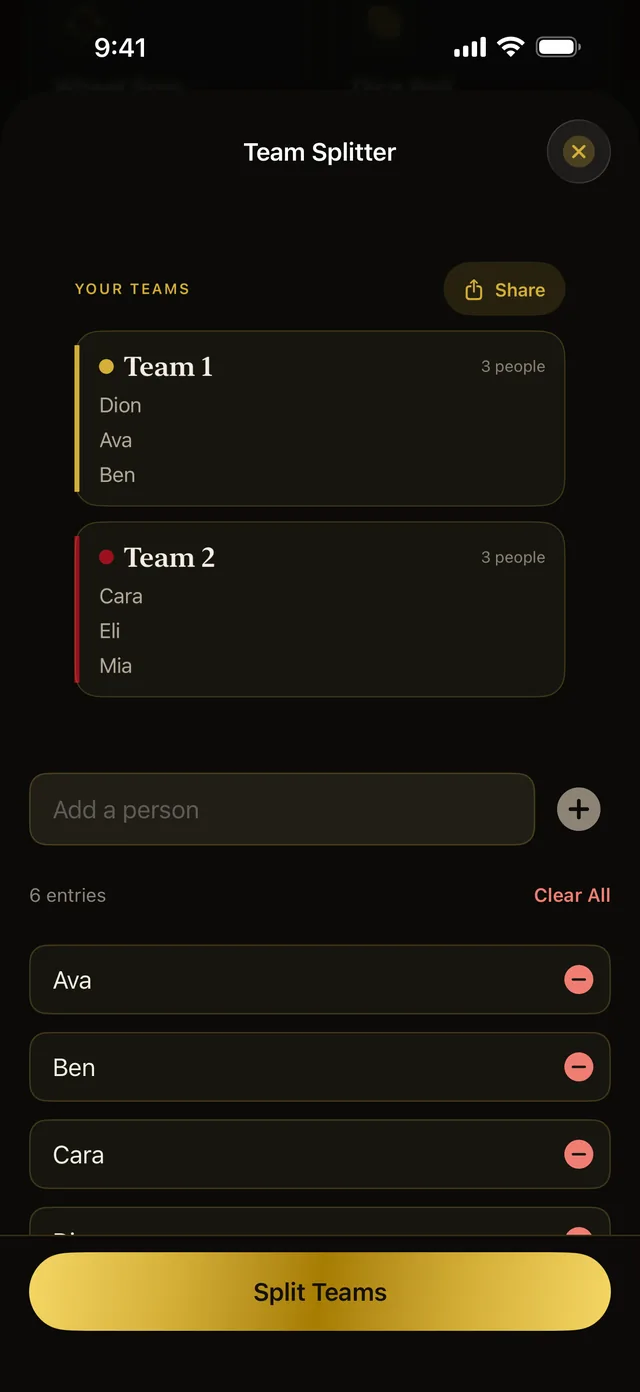 Team Splitter dividing six people into Team 1 and Team 2.