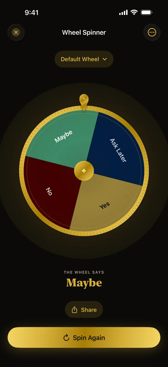 Wheel Spinner with four slices: Yes, No, Maybe and Ask Later.